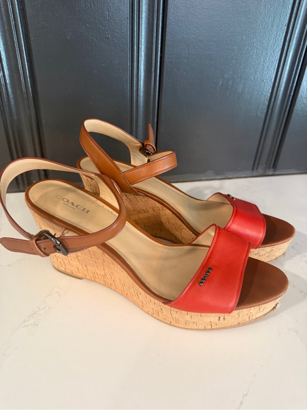 Coach Fran Cork Platform Wedge Sandals Carmine / Saddle Size 11
